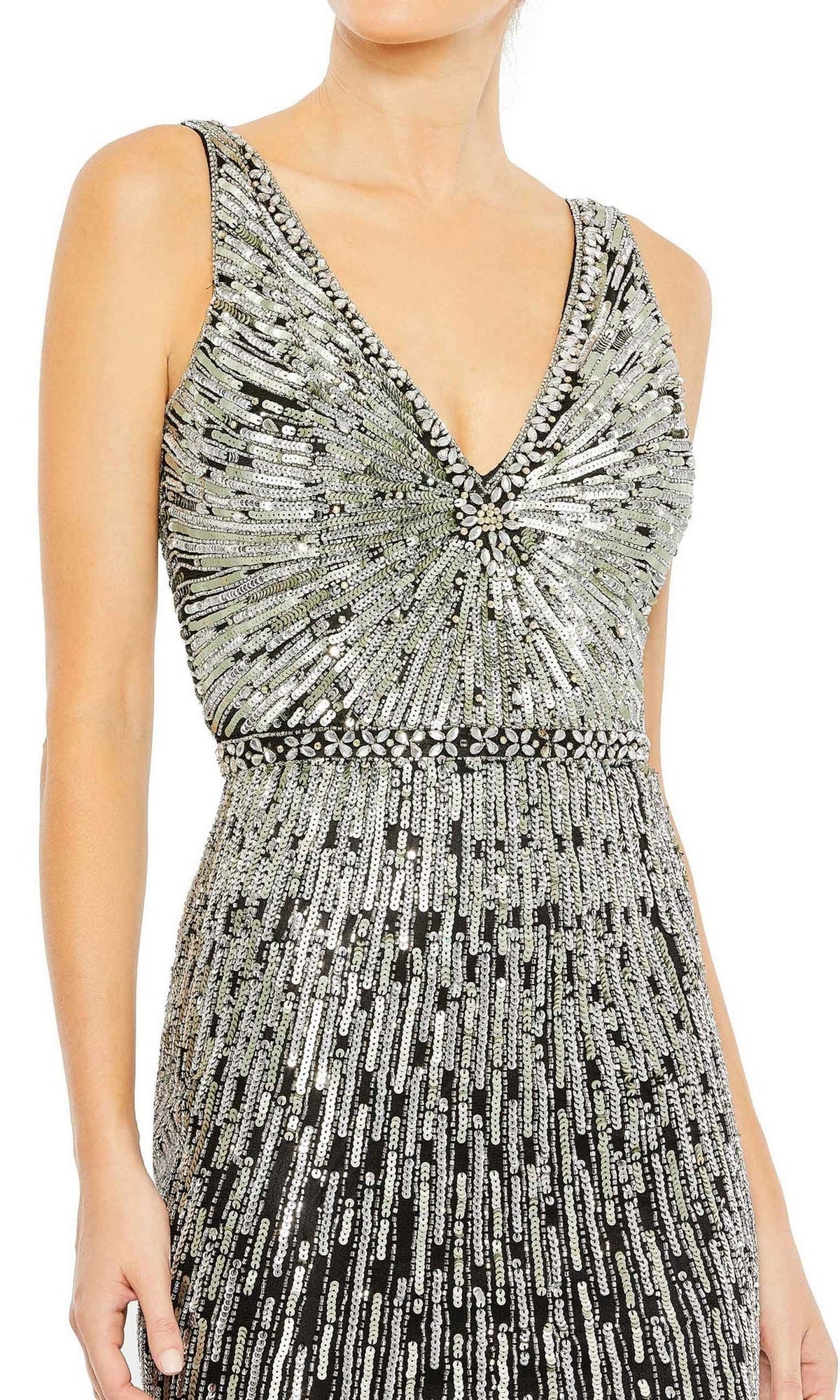 A woman wears the Long Formal Dress 5483 by Mac Duggal, a sleeveless fitted gown with a V-neck and silver sequin and bead embellishments in a radiating geometric pattern on black—an elegant beaded formal dress.